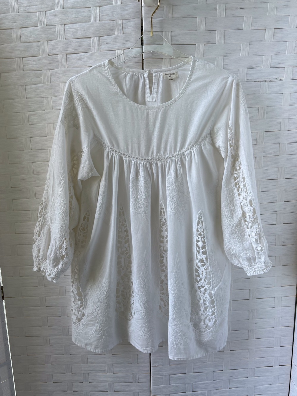 World Market Cotton L/XL White Crochet Babydoll Top 3/4 Sleeve Keyhole Back Soft - Picture 1 of 14